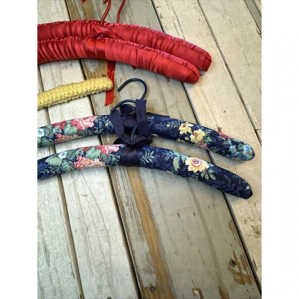 Vintage Red Satin, Blue Floral Fabric & One Crochet Padded Coat Hanger Lot Of 5